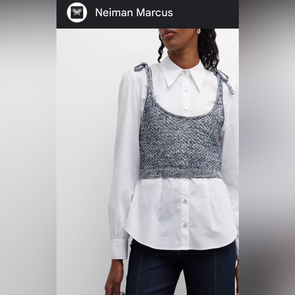 Cinq a Sept Elodie Top: Crochet combo knit poplins top navy white silver